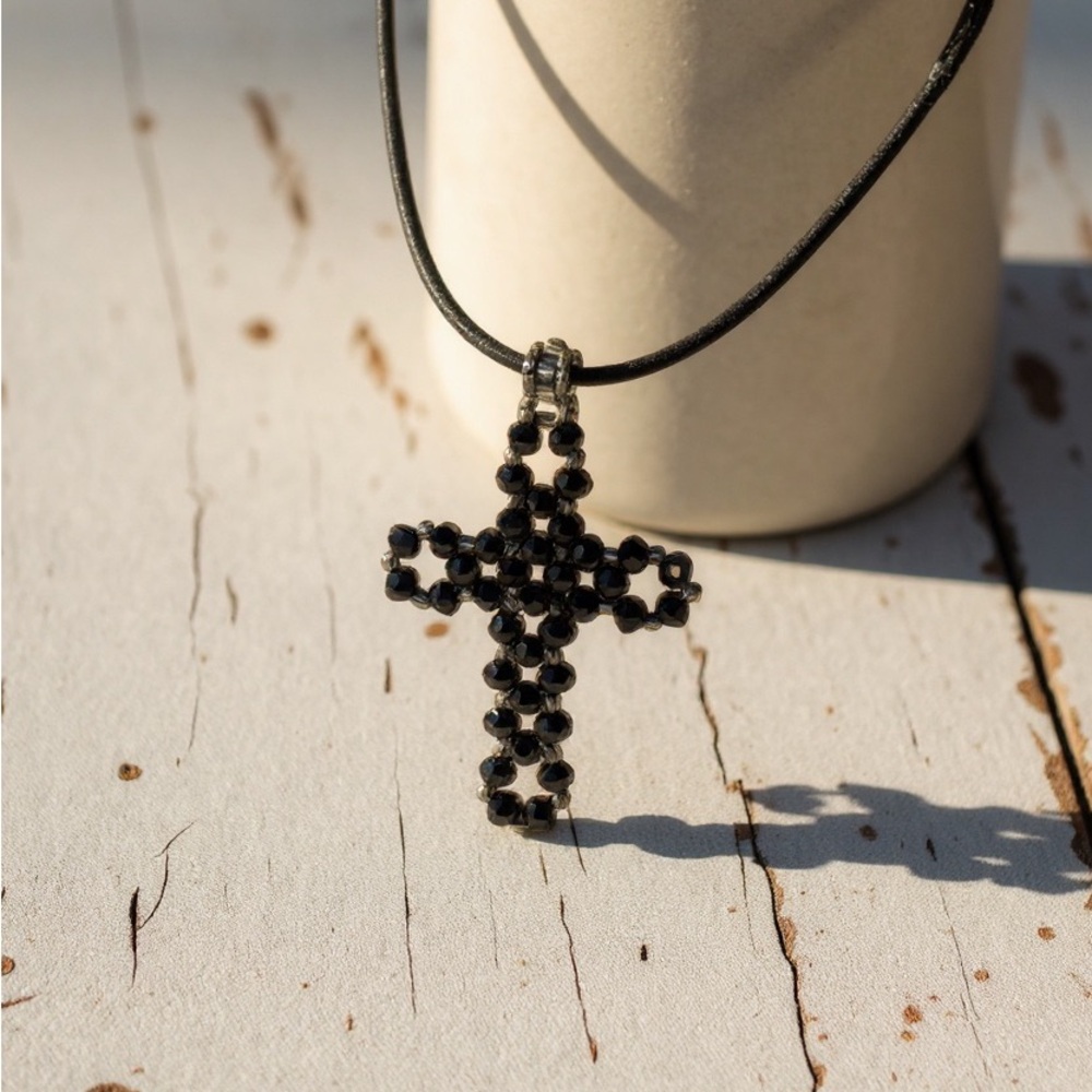 Elegant Beaded Black Cross Pendant Necklace (Handmade)